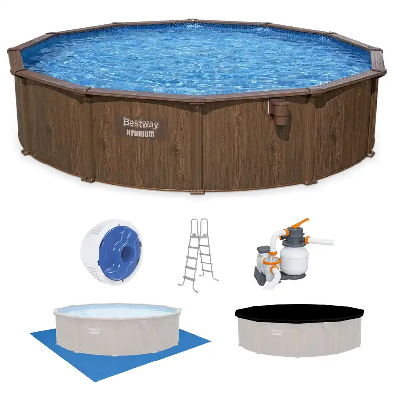 Bestway Hydrium 18‘ x 52" Above Ground Pool, Round Steel Side Wall Frame Outdoor Swimming Pool Set with Sand Filter Pump, Ladder & Accessories