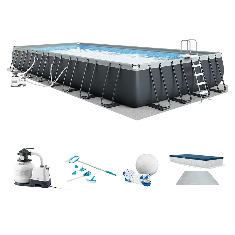 INTEX Ultra XTR 32 ft x 16 ft 52 in Above Ground Pool Set, Rectangular Swimming Pool with Sand Pump, Saltwater System, Maintenance Kit, & Volleyball Game