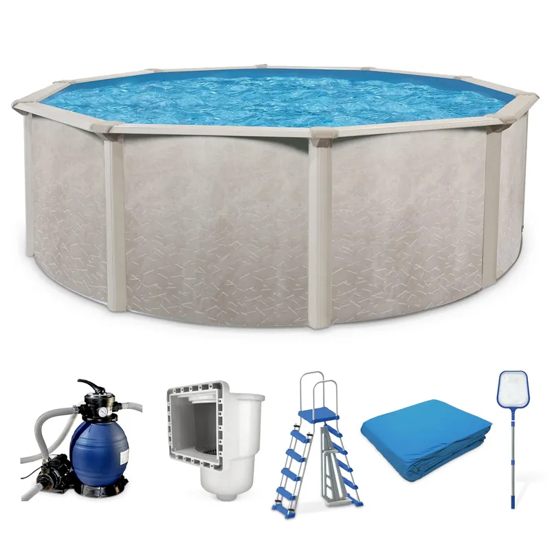 Aquarian Phoenix Round Above Ground Swimming Pool Kit, 18‘ x 52" - Includes Ladder, Sand Filter Pump, Thru-Wall Skimmer, Liner & Leaf Net, Steel Frame w/Galvanized Walls, Outdoor or Backyard Setup
