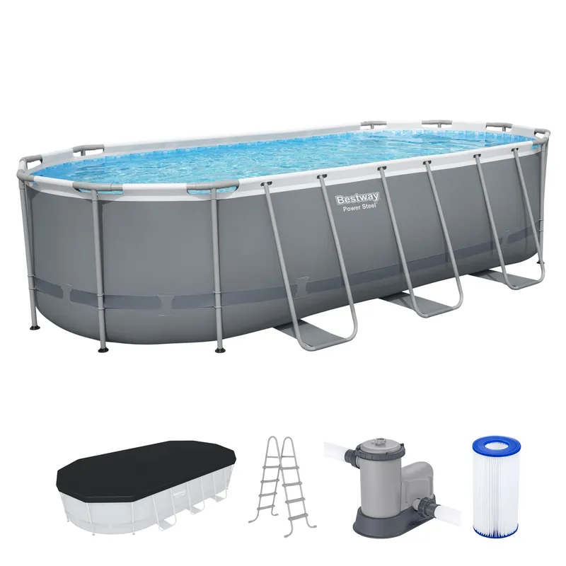 Bestway Steel Pro MAX 18‘ x 9‘ x 48" Above Ground Pool, Oval Metal Frame Outdoor Swimming Pool Set with Filter Pump, Ladder, and Cover, Gray
