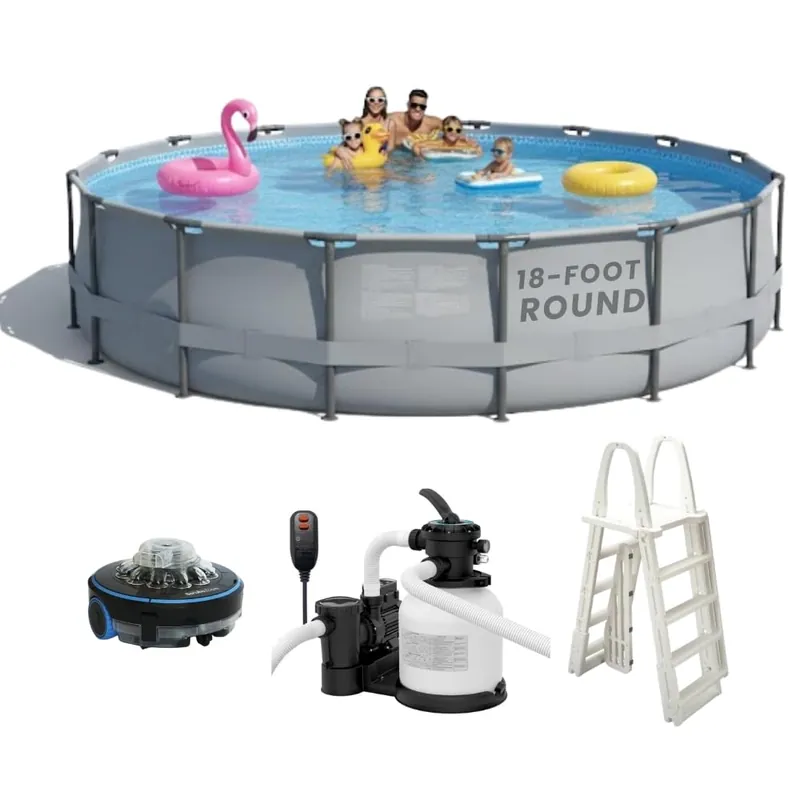 Heavy Duty Frame Above Ground Swimming Pool, CaliFun 18‘ Round 52" Tall – Rugged 30 mil Liner, Powder‑Coated HD Steel Frame, Easy Setup, Includes Pump, Sand Filter, Skimmer and Pool Cleaner