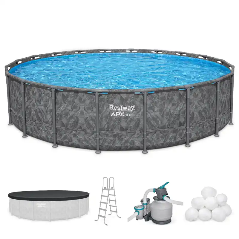 Bestway APX 365 20‘ x 52" Above Ground Pool, Round Metal Frame Outdoor Swimming Pool Set with Sand Filter Pump, Ladder, and Cover, Dark Marble