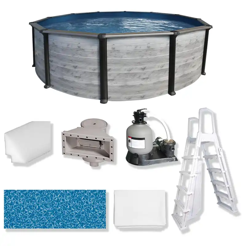 Puri Tech 24‘ x 52" Sunset Bay Above Ground Swimming Pool Package with Full-Print Overlap Liner, Liner Pad, Pool Cove, Skimmer, Filtration System and A-Frame Ladder for Complete Backyard Pool Setup