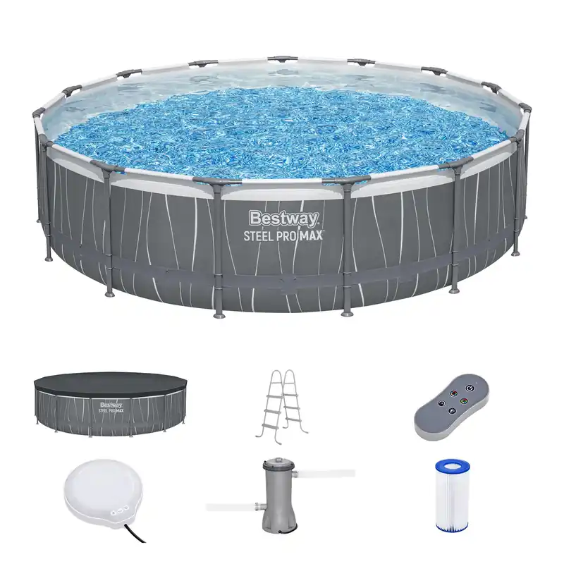 Bestway Steel Pro MAX 15‘ x 42" Above Ground Pool, Round Metal Frame Outdoor Swimming Pool Set with LED Light, Filter Pump, Ladder, & Cover, Dark Gray