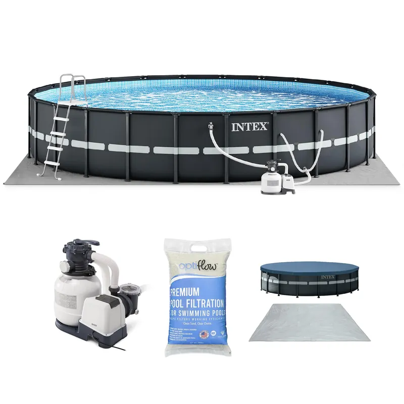INTEX Above Ground Swimming Pool Set, Ultra XTR 24‘ x 52" Round Frame Bundled with 2 Pack OptiFlow Premium Pure Silica Filter Pool Sand, 50 lb Bag