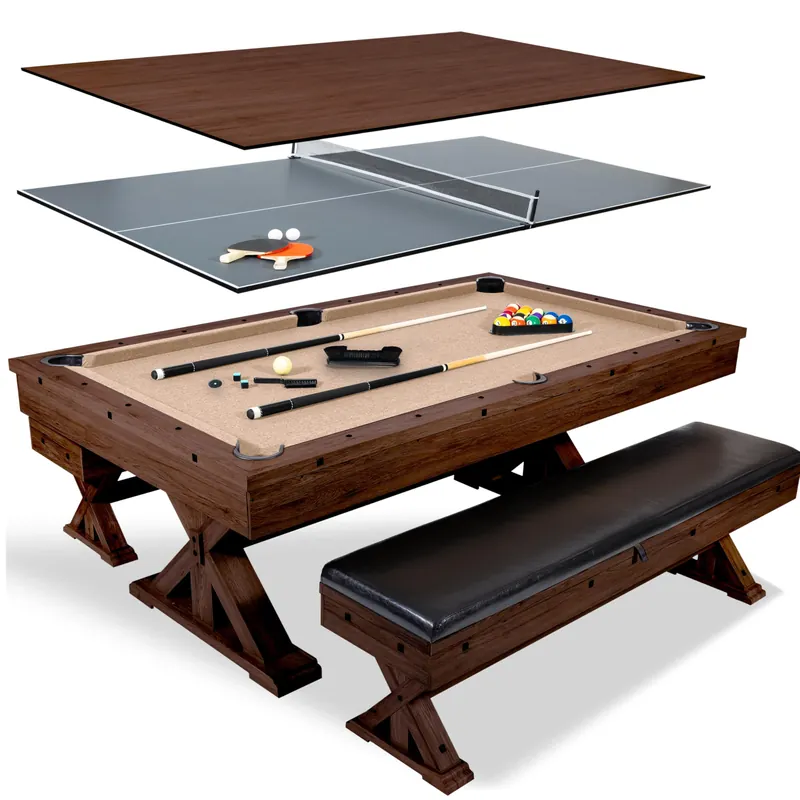 7‘ 3 in 1 Multi Game Pool Table with Dining Top Pool Ping Pong Table Combo with Dual Storage Bench Seating. Includes Billiards, Ping Pong Accessories.