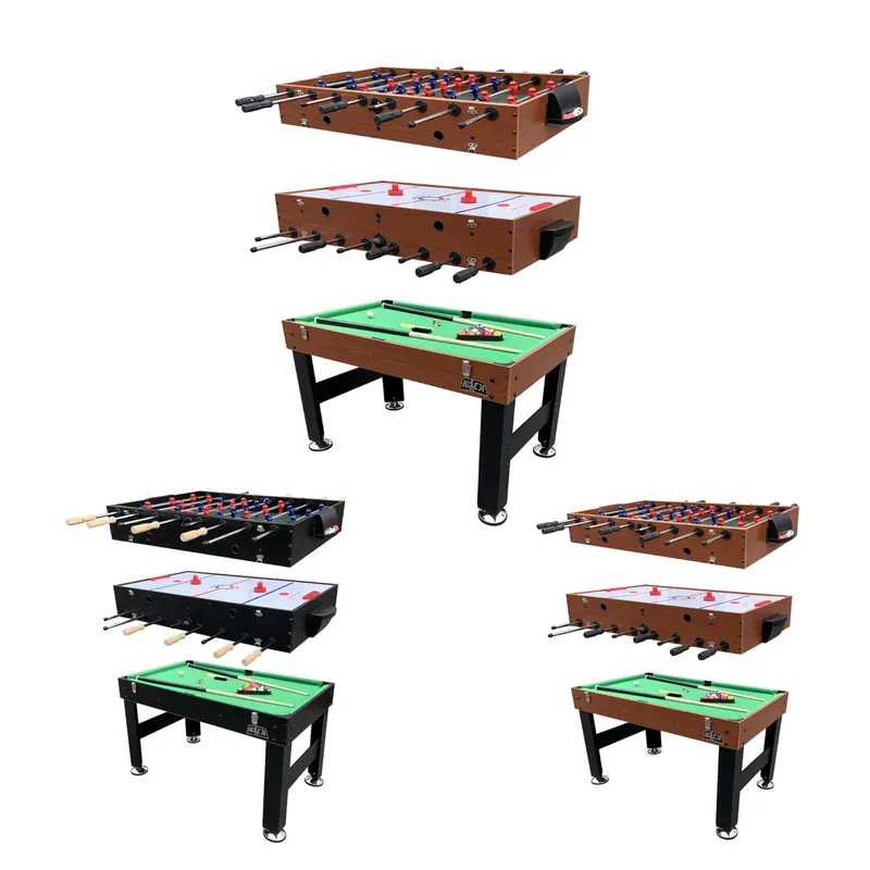 KICK Trilogy 55" 3-in-1 Multi Game Table (Brown) – Indoor Table Soccer, Foosball, Pool & Air Hockey Combo with Counterbalanced Men & Full Accessories