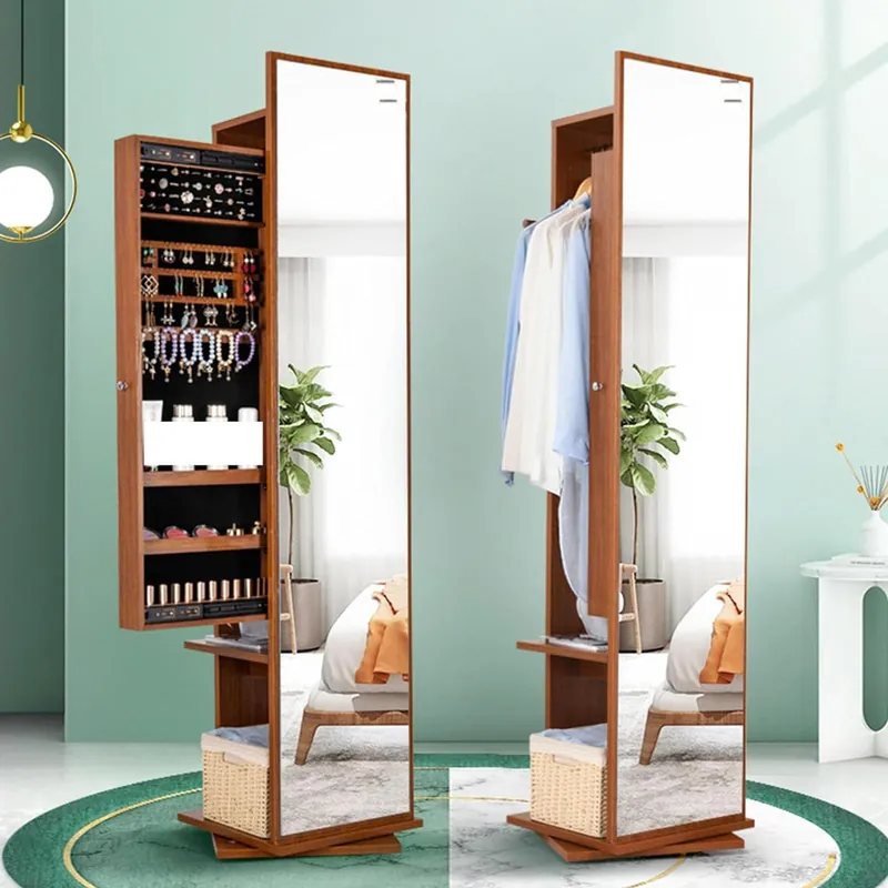 Hlixzoy Solid Wood Dressing Mirror Fitting Mirror Full Body Mirror Floor Mirror with Makeup Cabinet Hanger Integrated Storage Bedroom Home