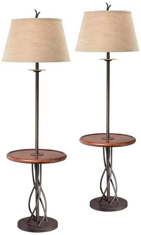 Franklin Iron Works Industrial Modern Floor Lamps Standing with Tray Table 63 1/2" Tall Set of 2 Dark Rust Iron Twist Walnut Wood Linen Bell Shades for Cottage Core Living Room Reading Bedroom