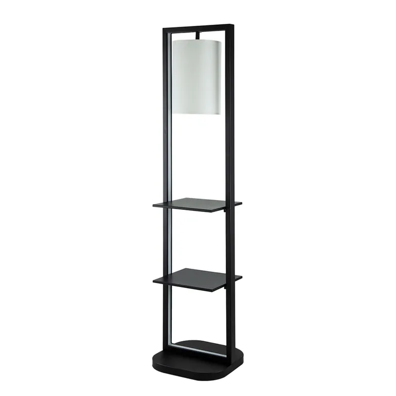 Benjara 74" Floor Lamp with 2 Shelves- Round Lampshade- Black Iron- White