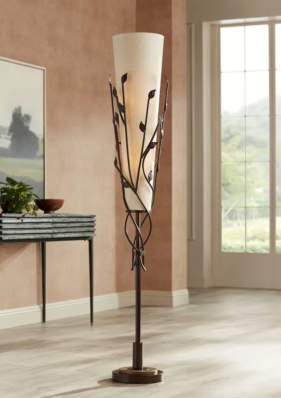 Franklin Iron Works Folia Industrial Rustic 66" Tall Floor Lamp Standing with Smart Socket Oil Rubbed Bronze Organic Vine Leaf Tapering Cone Linen Shade for Living Room Bedroom Office House