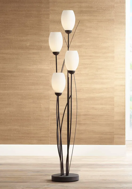 Franklin Iron Works Jareth Modern Industrial 73" Tall Tulip Floor Lamp with Smart Socket Ginger Black Metal 4-Light White Cased Glass Shades for Living Room Family Bedroom Office House Home