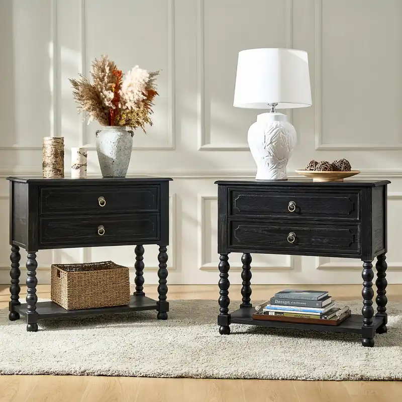 HULALA HOME Farmhouse Storage End Table Set of 2 with 2 Drawers and Open Shelf, Solid Wood Side Table with Spindle Legs, End Table with Charging Station (Charcoal)