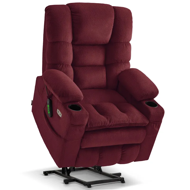 MCombo Triple Motor Lay Flat Power Lift Recliner Chair for Tall Elderly, Infinite Position, Massage, Dual Heating, Adjustable Headrest, Fabric 7634 (Burgundy, Large)