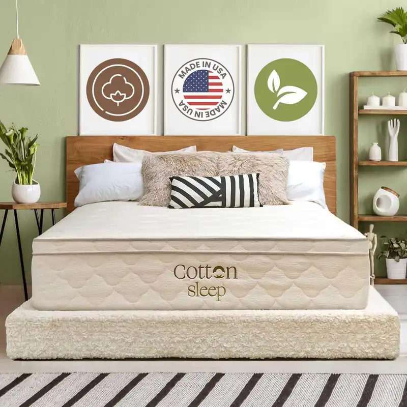 COTTON SLEEP All Natural Mattress (100% Organic Cotton, & Wool, Made in The USA) Non Toxic, Fiberglass Free Hybrid Pocket Coil and Plush Foam Bed in A Box Medium Soft - King, 13"