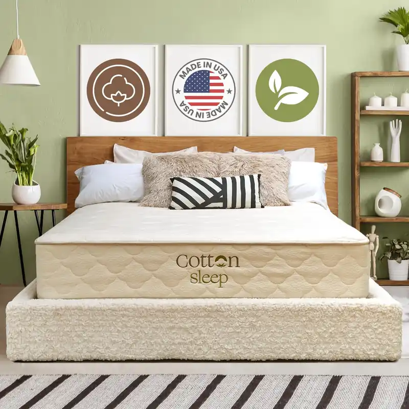 COTTON SLEEP All Natural Mattress (100% Organic Cotton, & Wool, Made in The USA) Non Toxic, Fiberglass Free Hybrid Pocket Coil and Plush Foam Bed in A Box Medium Soft - Queen, 11"