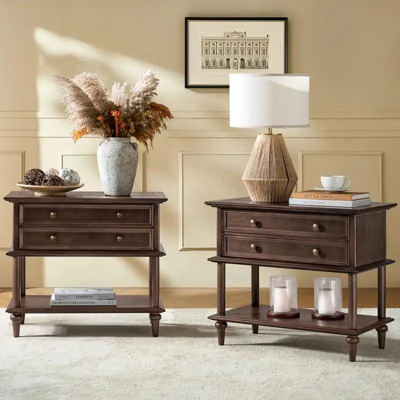 HULALA HOME Farmhouse Nightstand Set of 2 with Drawer & Open Shelf, Natural Wood End Table with Solid Wood Legs, 28.4‘‘ Wide Sofa Side Table with Charging Station(Walnut)