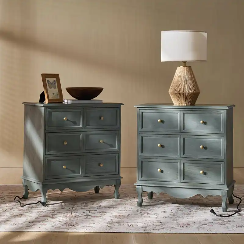 HULALA HOME 3-Drawer Nightstand with Charging Station, Farmhouse Solid Wood Nightstand Set of 2(Blue)