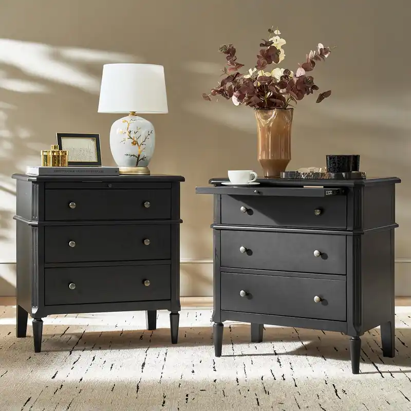 HULALA HOME End Table with Charging Station & Hidden Drawer, 30" Tall Side Table with Pull-Out Shelf, Rubberwood Legs(Set of 2, Black)