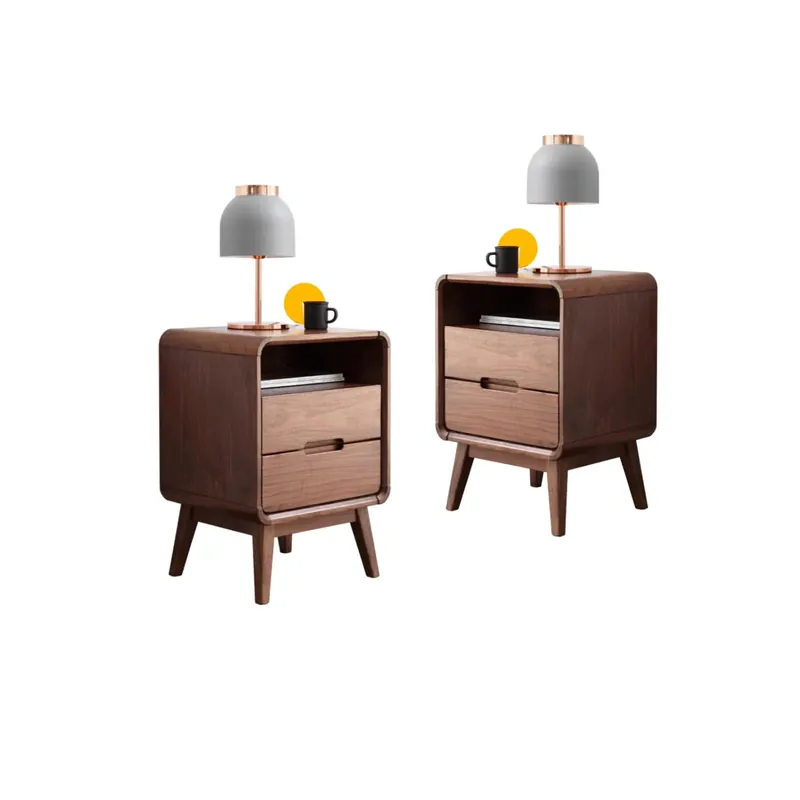 Wayshome Solid Wood Nightstand Set of 2, Walnut Night Stand with 2 Drawers and Open Storage, Bedside Table for Bedroom, Mid Century Modern Nightstands for Dorm