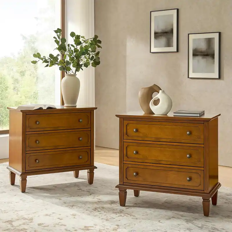 HULALA HOME 3 Drawer End Table with Charging Station, Wooden Drawer Organizer with Wood Legs, Mid Century Modern End Table Set of 2, Acorn