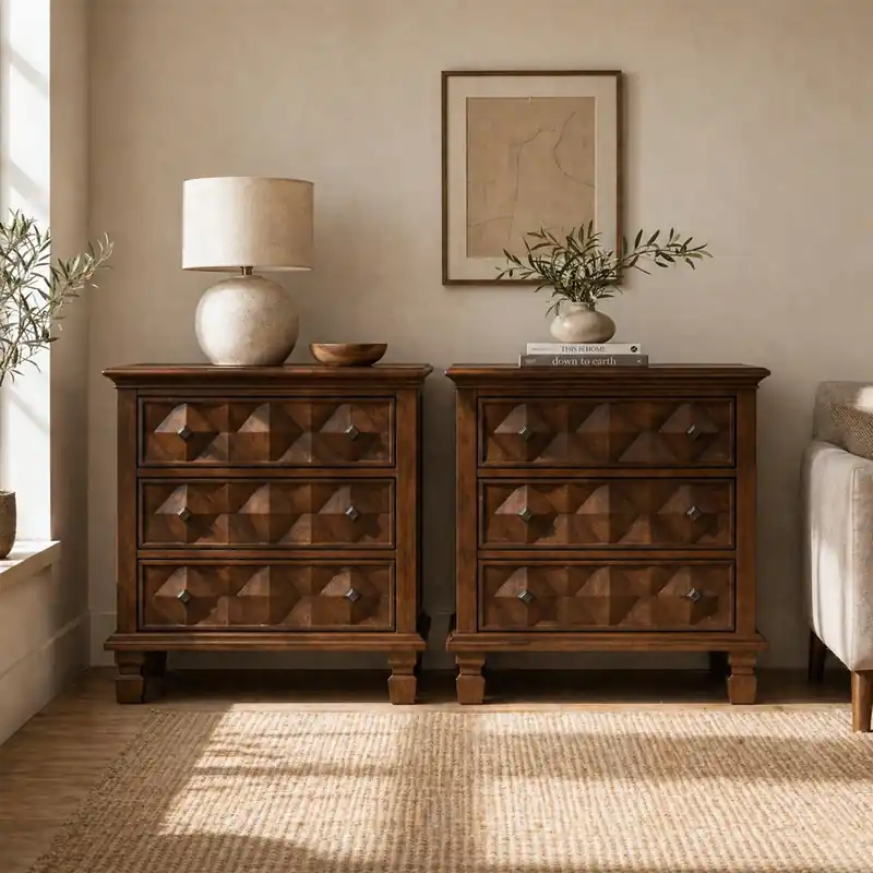 LVHOM Traditional Geometric Textured Nightstand, 3 Drawer Solid Wood Bedside Table with Carved Front Panels, Rustic End Table for Bedroom Living Room, Set of 2, Walnut