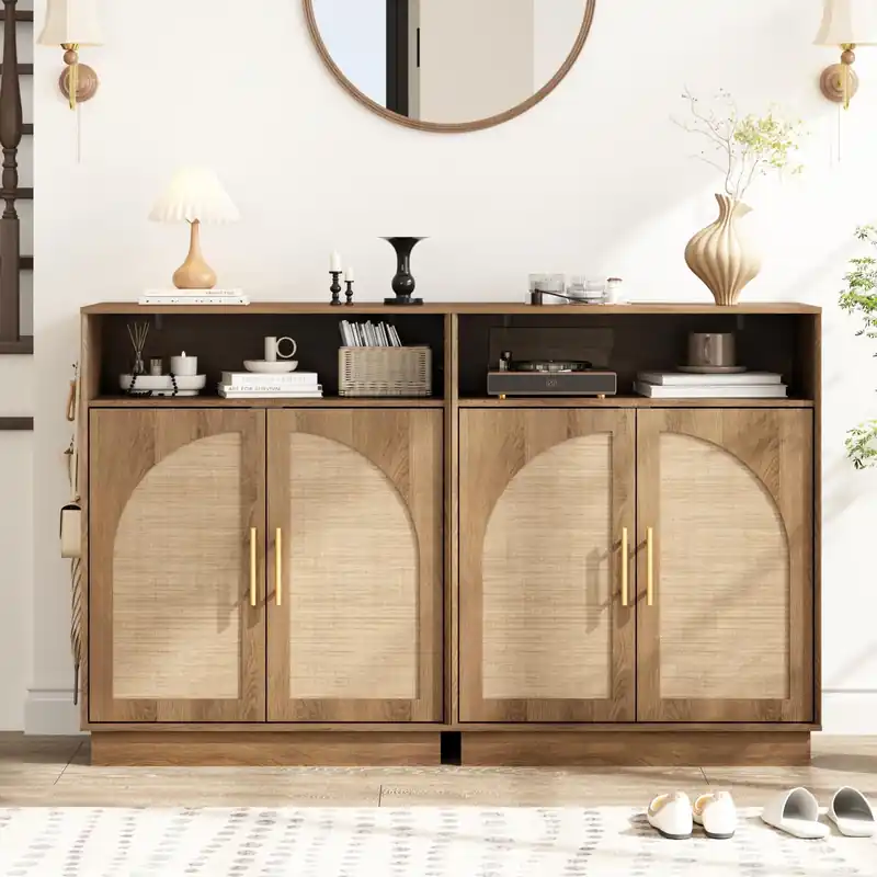HOKYHOKY Set of 2 Rattan Shoe Storage Cabinet with 2 Arched Doors, 5-Tier Wood Shoe Organizer with Adjustable Shelves, Farmhouse Boho Shoe Rack Cabinet for Entryway,Rustic Oak