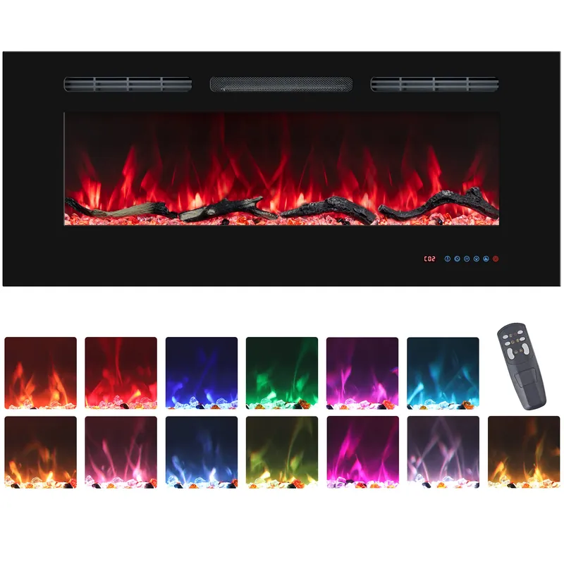 VINEMOUNT 48‘‘ Electric Fireplaces Inserts, Recessed & Wall-Mounted Fireplace Heater with Thermostat, Multicolor Flames,Timer, Log & Crystal, 750/1500W, Black