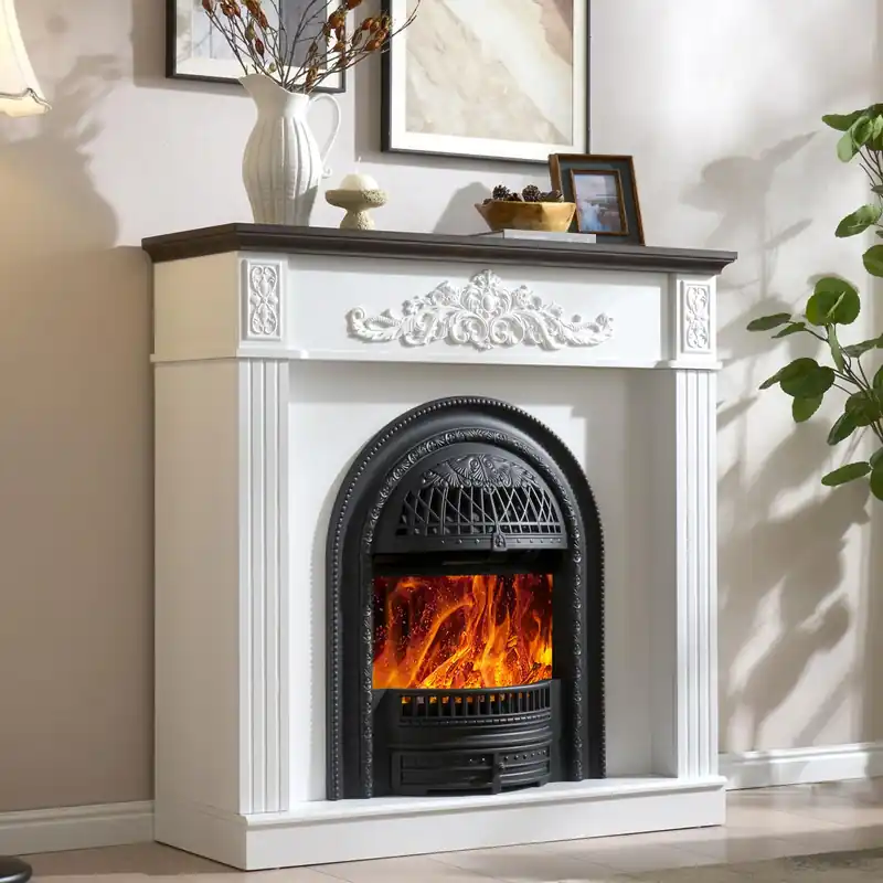 45" Birdcage-Style Electric Fireplace with Mantel, 46" Tall Fireplace TV Stand, Farmhouse Entertainment Center with Storage & Replaceable Insert Heater for Living Room, White+Walnut