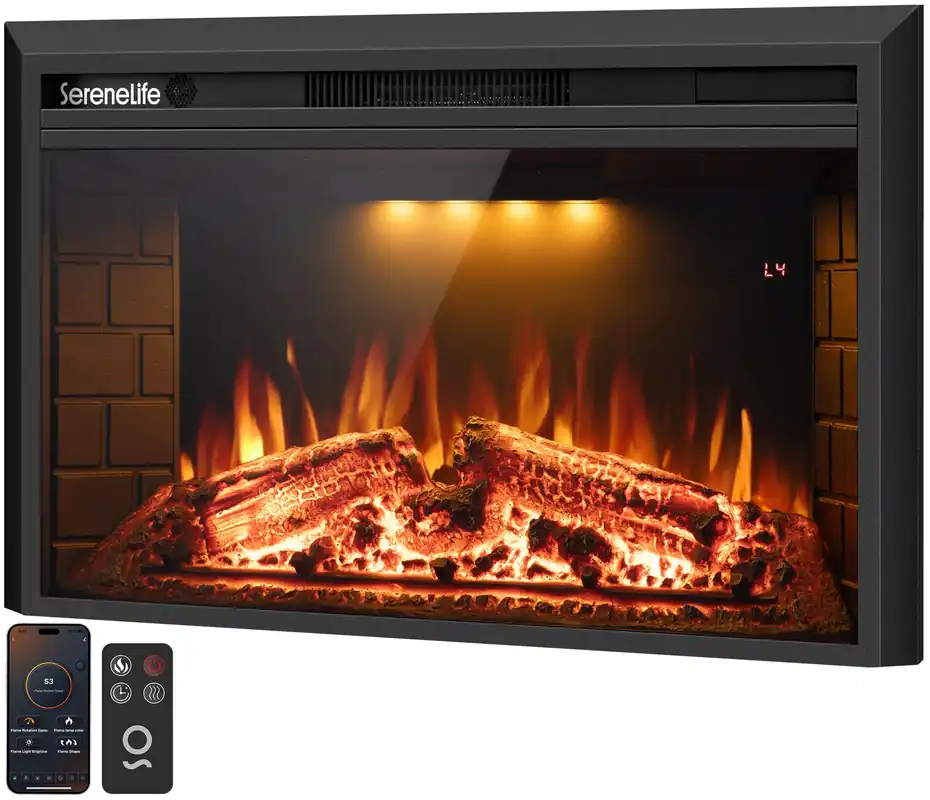 SereneLife Electric Fireplace Heater with LED Flame & Log Effects, Smart Wi-Fi, Touch Screen Panel, Remote Control, 3 Color Flame Modes, Wall Mounted Fire Place, Quiet Operation, Overheat Protection