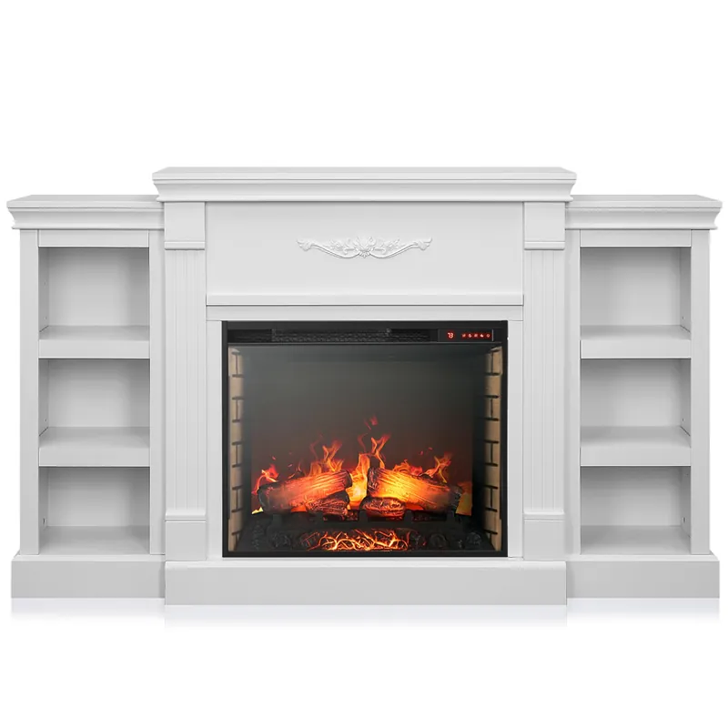 BELLEZE Modern 70" Electric Fireplace Heater Mantel TV Stand & Media Entertainment Center for TVs up to 68" with Energy-Efficient Heater with Sound and Side Book Shelves - Lenore (White)