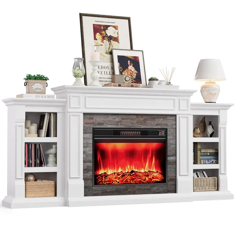 LGHM 80" Electric Fireplace with Mantel, Fireplace TV Stand for TVs Up to 90 Inch, Modern Entertainment Center with Storage, 30‘‘ Fireplace Heater Insert with 3D Flame Effect for Living Room