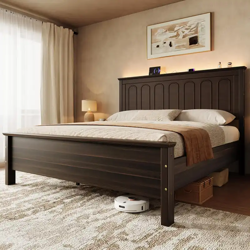 Uteeran Queen Size Bed Frame with Tall Headboard, Mid Century Modern Wood Platform Bed with Charging Ports and LED Lights, Solid Wood Slat Support, No Box Spring Needed, Easy Assembly, Walnut Brown