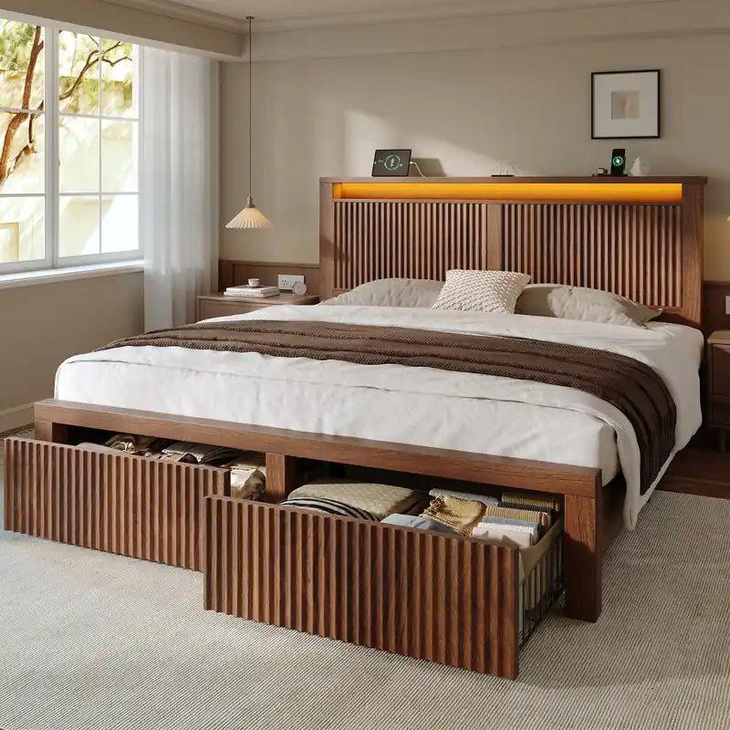 Homkdom Queen Bed Frame with 2 Drawers and Mid-Century Wooden Wavy Panel Headboard,Charging Station&LED Lights,Heavy Duty Steel,Noise-Free,No Box Spring Needed,Easy Assembly,Walnut
