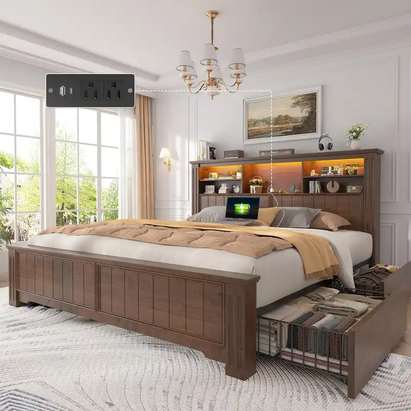 EnHomee Queen Bed Frame with 4 Storage Drawers and Headboard,LED Lights & Charging Ports,Wooden,No Box Spring Needed for Apartment,Heavy-Duty Structure,Noise-Free,Brown