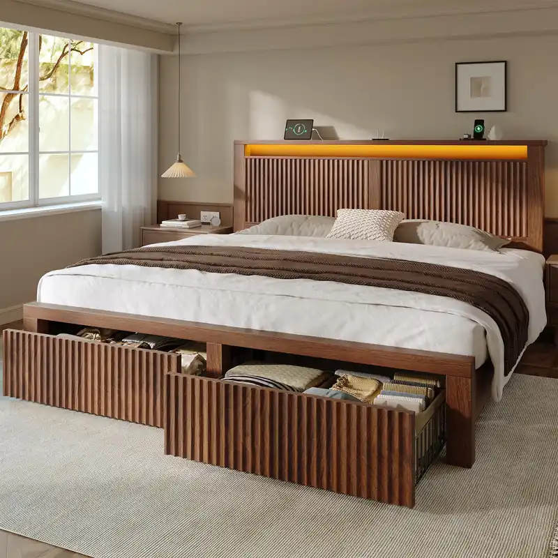 Homkdom King Bed Frame with 2 Drawers and Mid-Century Wooden Wavy Panel Headboard,Charging Station&LED Lights,Heavy Duty Steel,Noise-Free,No Box Spring Needed,Easy Assembly,Walnut