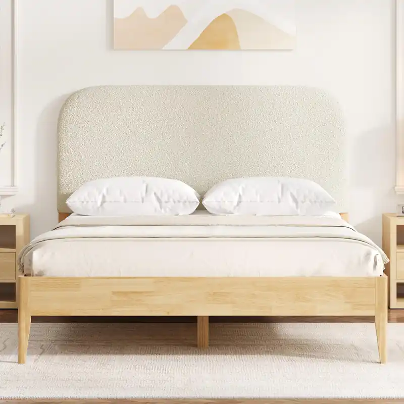 KISLOT Wood Bed Frame with USB & Type-C Charging, Boucle Platform Bed with Upholstered Headboard Mattress Foundation No Box Spring Needed Easy Assembly