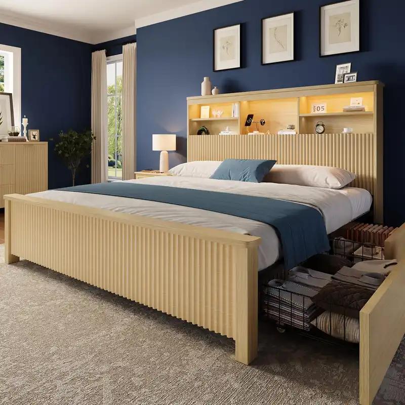 Uteeran Queen Size Bed Frame and Tall Headboard & Storage, Metal Platform Bed Frame with 4 Storage Drawers, Queen Bed Frame with LED Lights & Charging Ports, No Box Spring Needed, Noise-Free, Natural