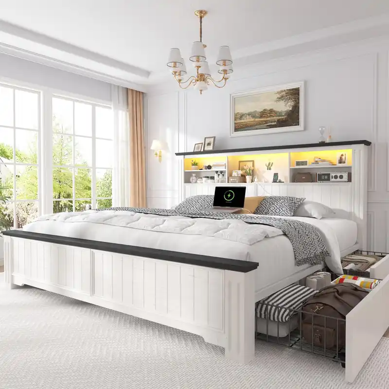 EnHomee King Size Bed Frame and Headboard & Storage, 4 Drawers and LED Built in Charging Station with Storage Farmhouse,Noise-Free,No Box Spring Needed,White