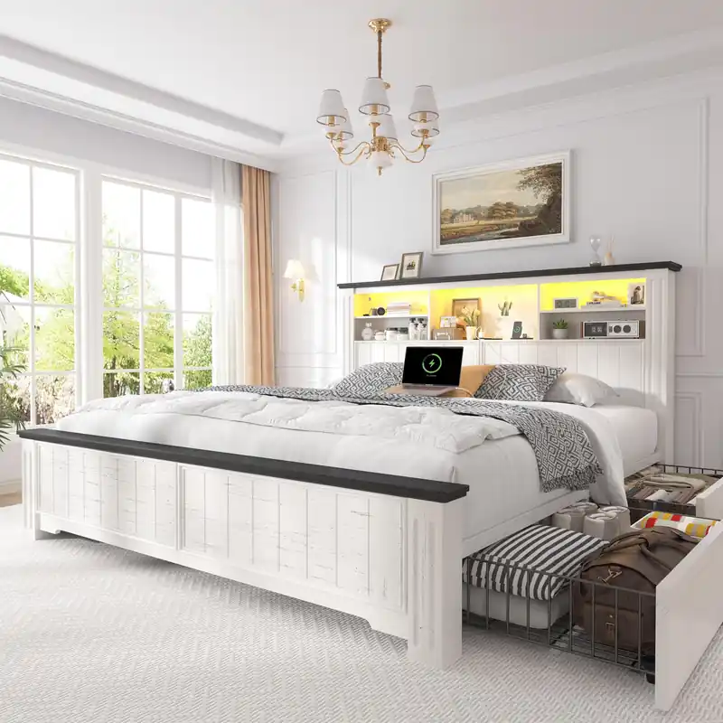 EnHomee Queen Bed Frame with Headboard and Storage, 4 Drawers and LED Built in Charging Station with Storage Farmhouse,Noise-Free,No Box Spring Needed, White