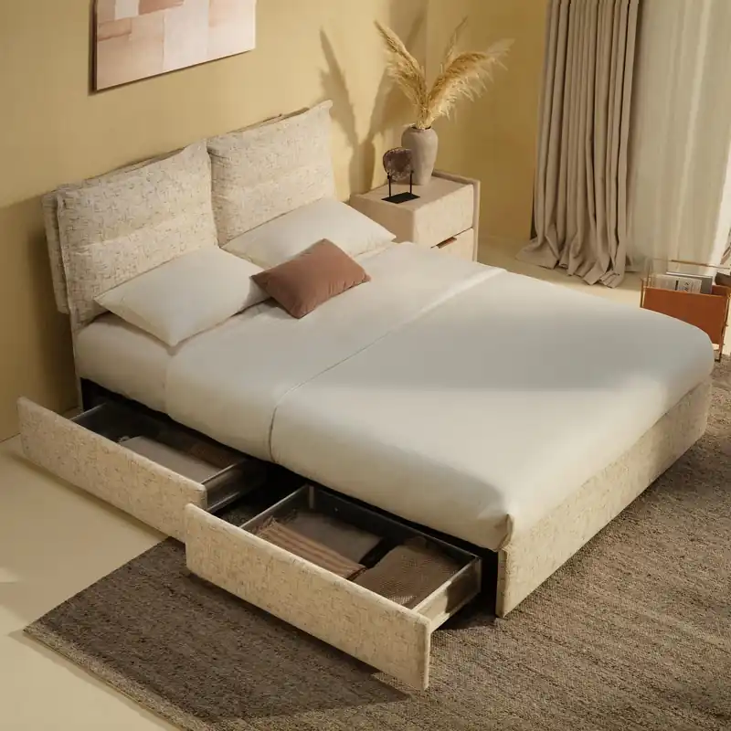 ModernMate Queen Size Bed Frame with 4 Storage Drawers & Headboard with Dual Cushions, Freya Collection Upholstered Platform Bed, Oeko-TEX, Noise-Free, No Box Spring, Sandstone Beige