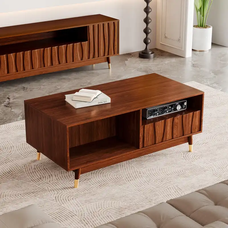 ATJafurn 47" Wood Coffee Table for Living Room Mid Century Modern Coffee Table with 2 Drawers and Open Storage Suitable for Home Apartment (47"- D)