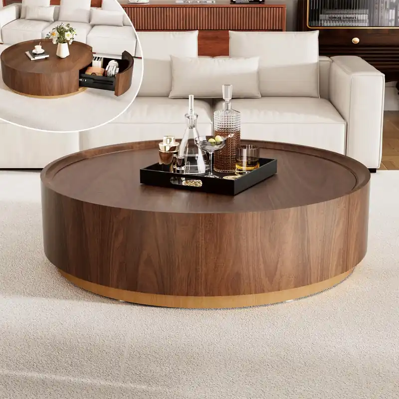 Apkaf 35.4" Round Coffee Table with Storage,Solid Wood Center Table with Hidden Storage Drawer, Mid Century Round Coffee Tables, Circle Center Table for Living Room Small Space (Walnut)