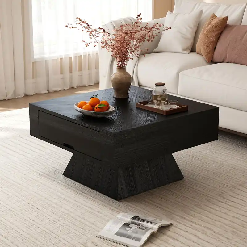 LKTART 31.5" Coffee Table with Storage, Square Center Table with Hidden Drawer and Solid Wood Veneer, Wood Coffee Table for Living Room Home Office, Black