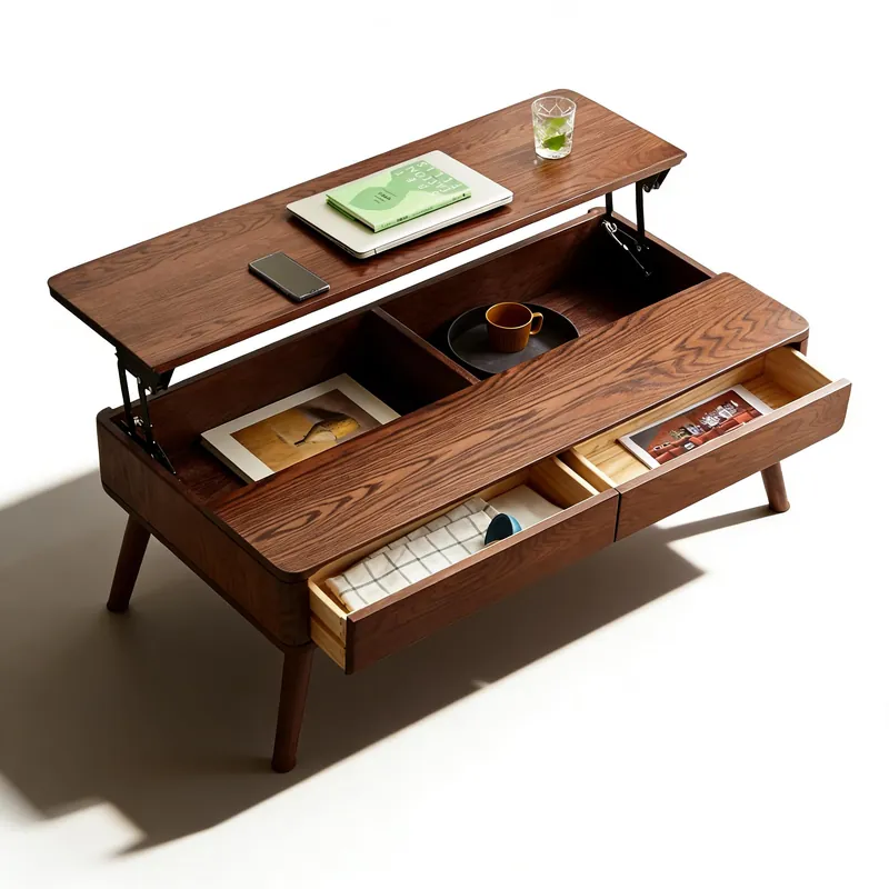 QKFF Wood Lift Top Coffee Table, 100% Solid Oak Wood Small Rising Dining Center Tables with Storage Shelf and Hidden Compartment for Living Room 48D x 26W x 26H