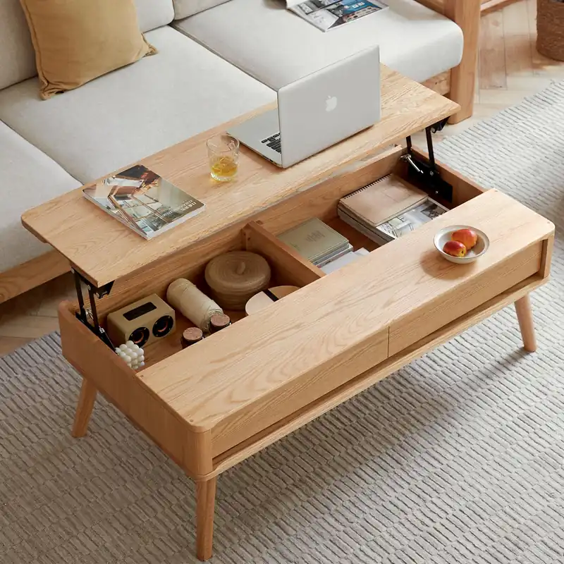 WuerQi 47.24" Lift Top Solid Wood Coffee Table with Storage Drawers & Hidden Compartment, Natural Wood Coffee Table for Living Room, Large Pop-Up Center Table for Home Office, Easy Assembly