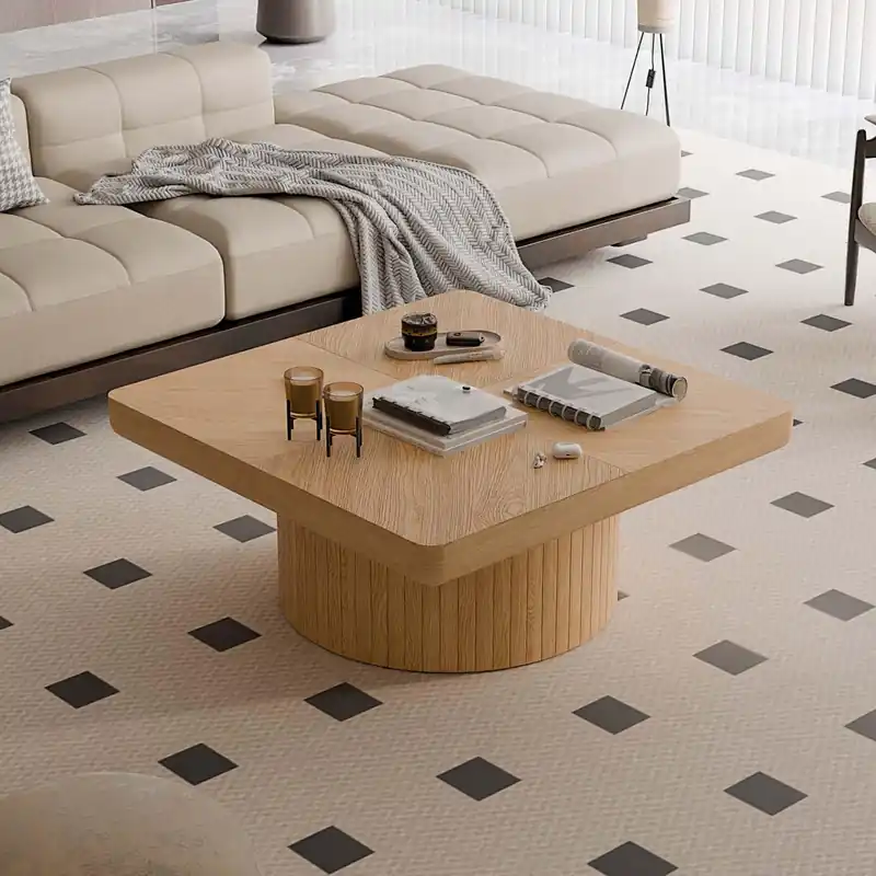 Modern Square Coffee Table with Cylindrical Base, Wood Coffee Table with Parquet Pattern & Thickened Tabletop, Center Table Tea Table for Living Room Apartment, 34.6‘‘L×34.6‘‘W×14.9‘‘H, Natural