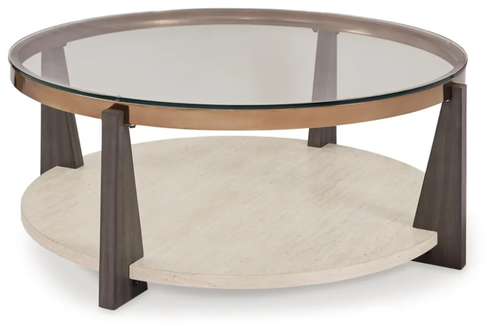 Signature Design by Ashley Frazwa Round Glasstop Coffee Table, Gray/Brown/Gold