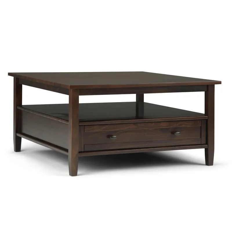 SIMPLIHOME Warm Shaker Square Coffee Table - 36 inch Wide Solid Wood Cocktail Table in Tobacco Brown, Transitional Living Room Table with Large Storage Drawer and Open Shelf for Sitting Area