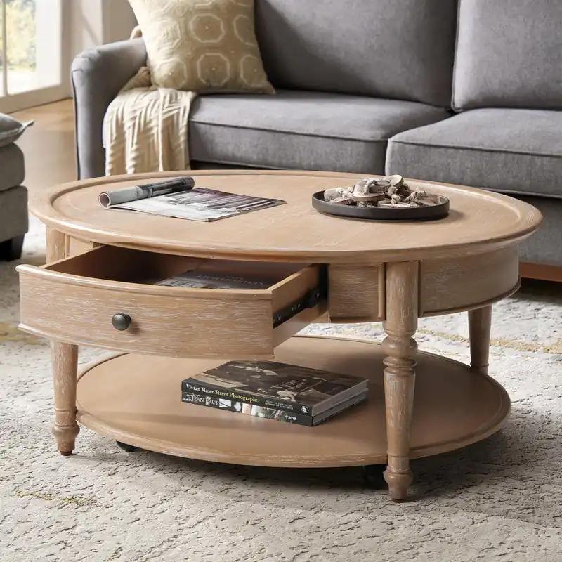 HULALA HOME Round Coffee Table with Casters, Wood Coffee Table Movable with Drawer/Shelf, Classic Traditional Center Tables for Living Room, Natural